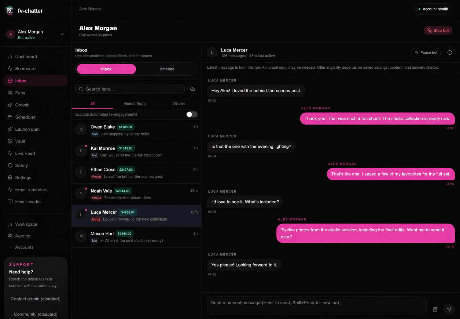 Alex’s actual creator inbox opened from the agency workspace, with fan conversations and bot controls. Demo data.